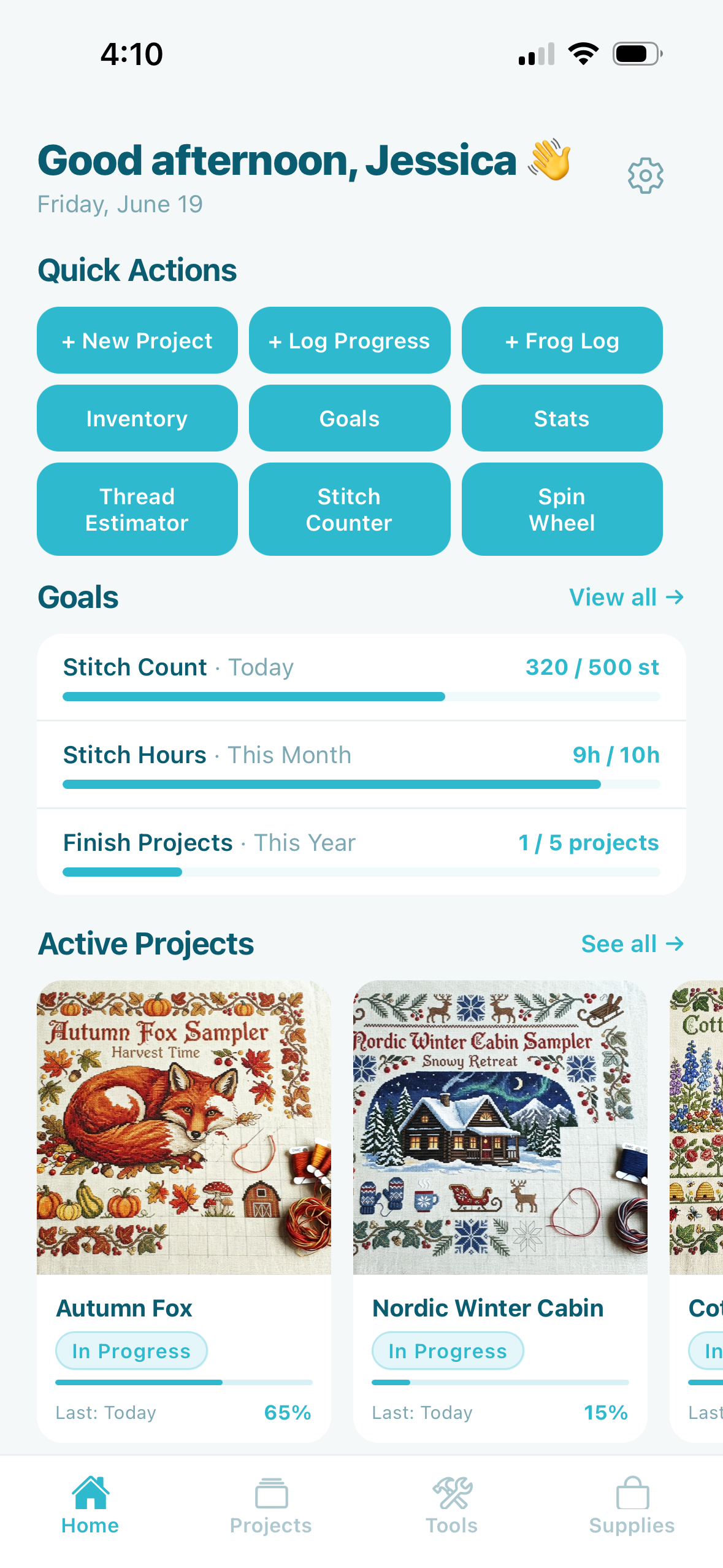 StitchWIP home screen