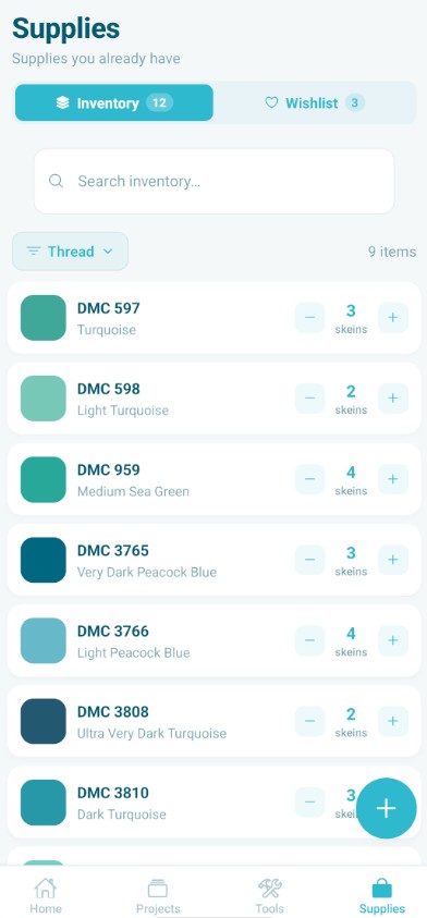 Thread inventory showing teal DMC thread collection