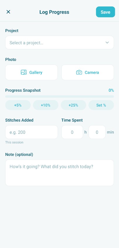 Log Progress screen showing session fields