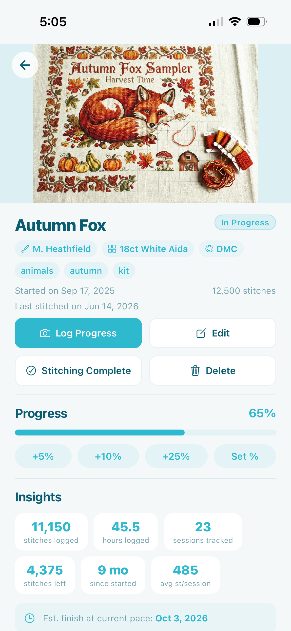 Project detail screen showing Autumn Fox progress and insights